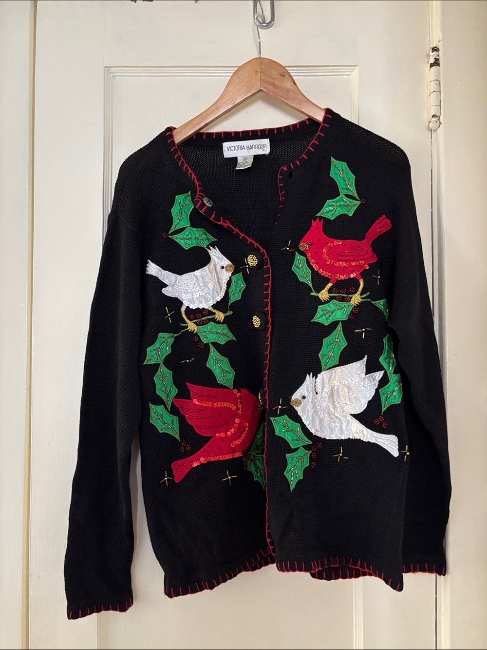 Victoria Hargrove Black Holiday Cardigan with Red and White Bird Appliqués